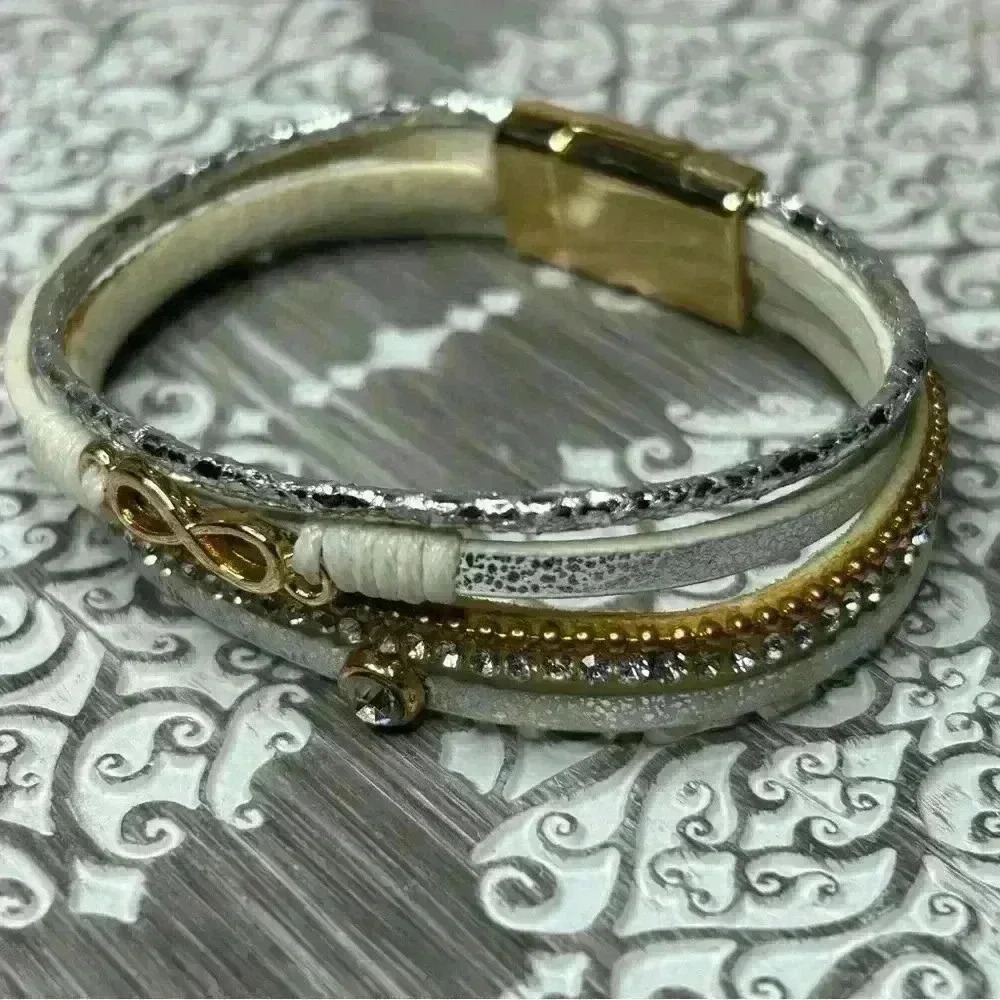 Multi Layered Leather Gold and Silver Tone Metal Clasp Bracelet